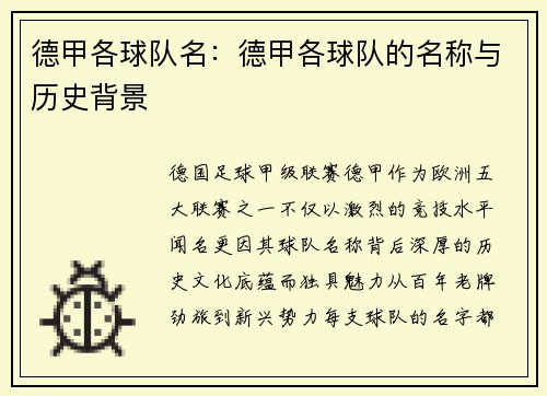 德甲各球队名：德甲各球队的名称与历史背景